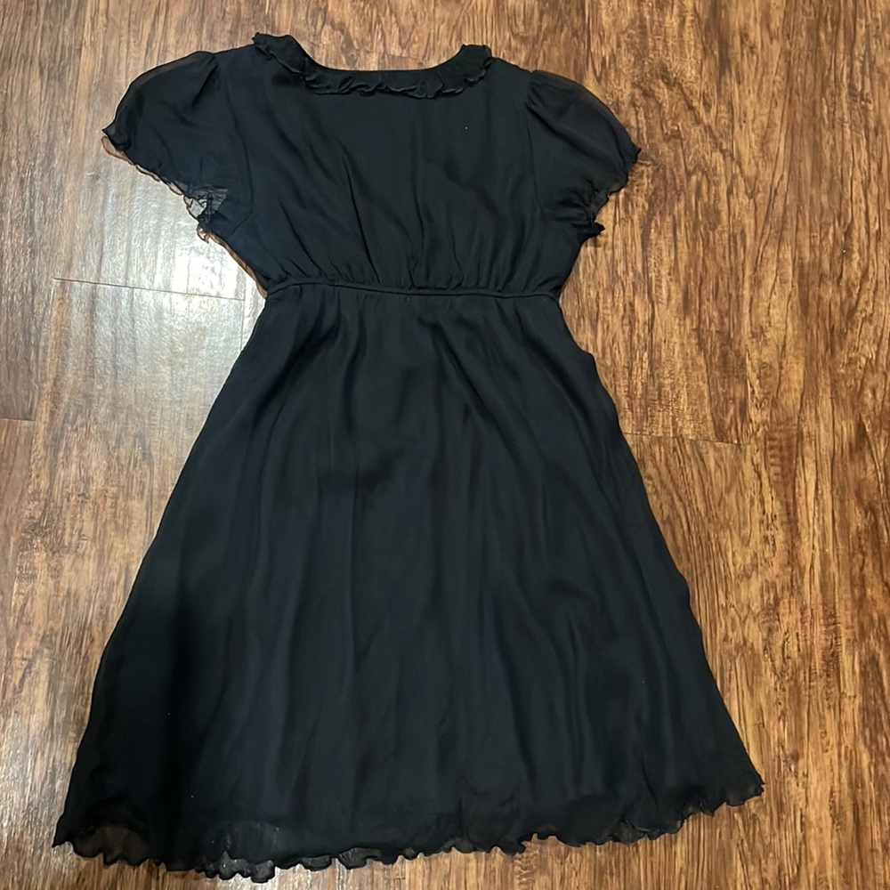Free People Black Silk Mini Dress Lined Lettuce Edges empire waist ruffle 6 - Picture 7 of 7